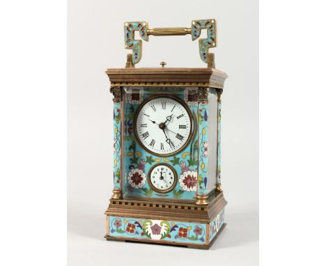 A CLOISONNE ENAMEL CARRIAGE CLOCK 6 ins high.