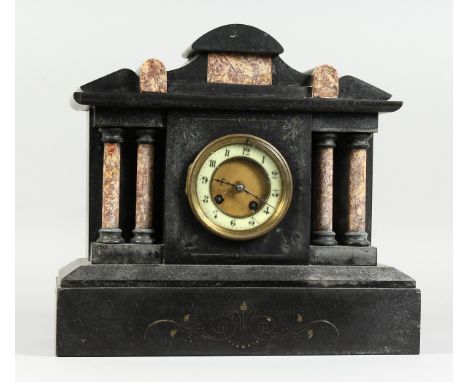 A VICTORIAN MARBLE MANTLE CLOCK  with column supports, 13 in. high.