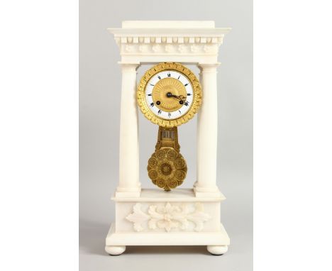 A SUPERB FRENCH EMPIRE WHITE ALABASTER PILLAR CLOCK by VILLAUME A NANCY, CIRCA. 1840, with gilt dial and Roman numerals, with