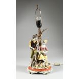 A CONTINENTAL PORCELAIN LAMP, a couple beneath a tree, 1 ft. 5 in. high (a piece missing).