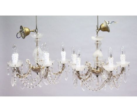 A SMALL PAIR OF ITALIAN GLASS FIVE LIGHT CHANDELIERS with prism drops. 1 ft. 6 ins wide, 1 ft. high.