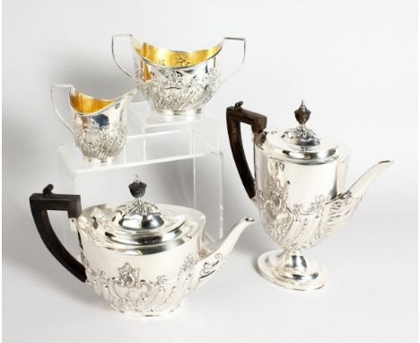 A GOOD VICTORIAN FOUR PIECE SILVER TEA SET, teapot, hot water jug, sugar basin and milk jug. London, 1807 , makers Huttons We
