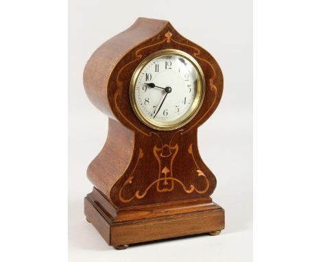 A GOOD EDWARDIAN MAHOGANY BRASS-INLAID BALLOON SHAPED CLOCK. 12ins high.