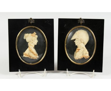 A PAIR OF REGENCY WAX PORTRAIT BUSTS, framed 4.5 ins x 3.75 ins By Leslie Kay