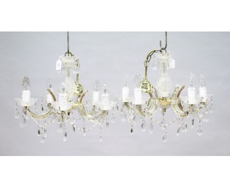 A SMALL PAIR OF ITALIAN GLASS FIVE LIGHT CHANDELIERS with prism drops. 1 ft. 6 ins. wide, 1ft high.