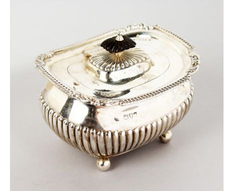 A VICTORIAN SEMI FLUTED TEA CADDY, with gadronned  edge on ball feet, London 1894, maker Huttons , weighs 9ozs