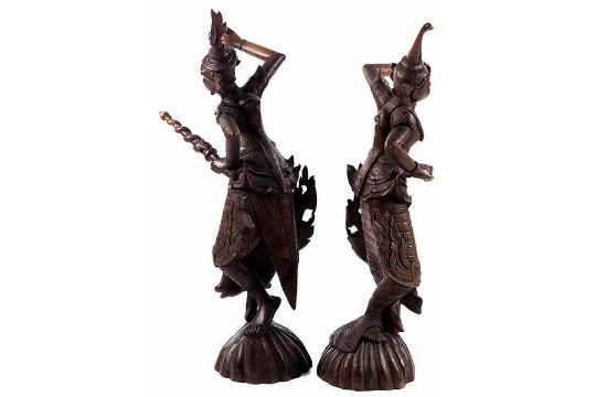 Paar Grosse Thailandische Figuren Hohe Maximal 97 Cm Thailand Jahrhundert Holz Geschnitzt