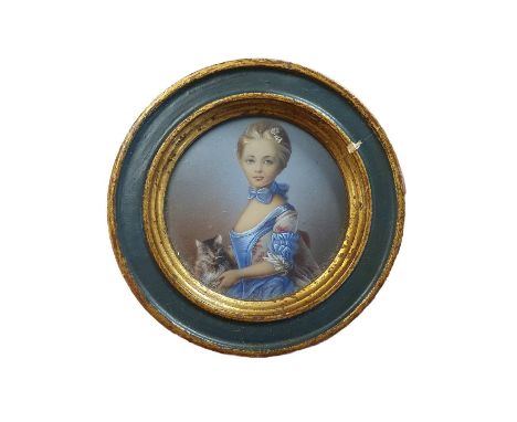 A after Jean Baptiste Perronneau A Girl with Kitten Georgian framed painted miniature portrait signed by artist (illegible) i