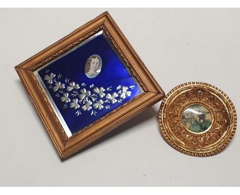 A unusual Irish reverse painted on glass miniature portrait and one other printed framed portrait