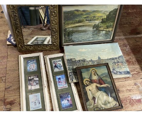 A job lot of various framed art work and a brass bound  vintage mirror, shipping unavailable
