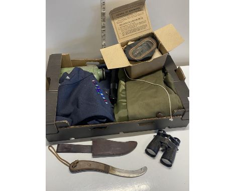 A box of vintage militaria including  WW1 binoculars, Dingy Knife etc
