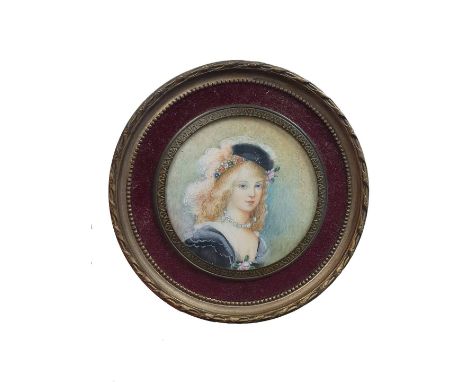 A 19th century hand painted miniature portrait depicting a young French lady overall diameter 9cm