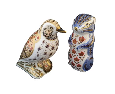Two Royal Crown Derby paperweights bird with gold stopper, beaver with silver stopper
