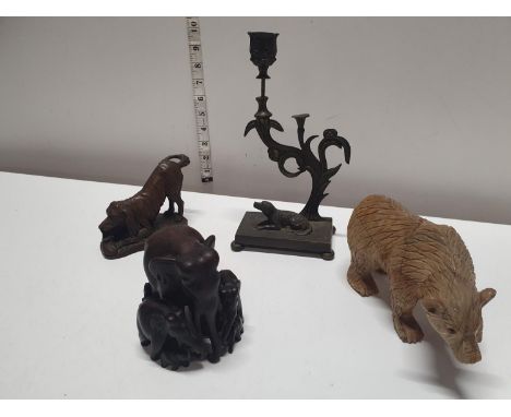 A selection of assorted collectibles including candlestick and a signed polar bear