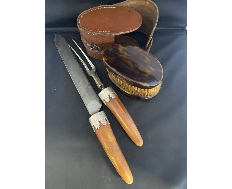 A antique Joseph Rodgers carving set with finely decorated hallmarked silver collars&nbsp;&nbsp;and a pair of men's grooming 