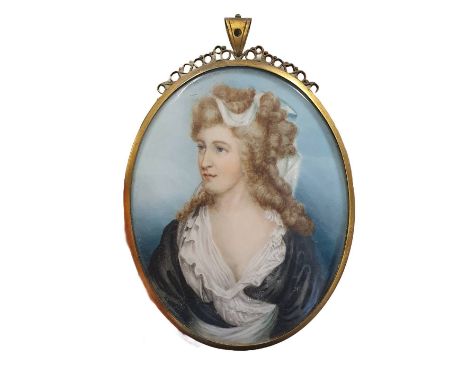 A large framed hand painted miniature portrait of a young lady circa 1830 overall dimensions 15x11cm