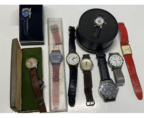 A box of assorted mens wrist watches including Swatch, Timex, Strand etc