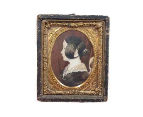 A early Victorian framed miniature portrait of a lady possibly a memorial portrait with crests to frame, overall dimensions 6