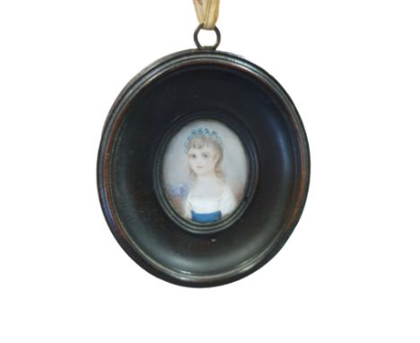 A small 19th century hand painted miniature portrait in oval oak frame overall dimensions 9x7cm