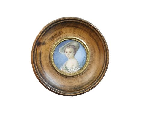 A early Victorian hand painted miniature portrait depicting a young lady signed to right corner artist unknown in a wooden fr