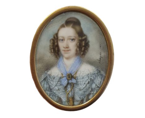 A Hippolyte Chapon Georgian painted miniature portrait in a brass frame of a young lady signed and dated 1837 overall dimensi