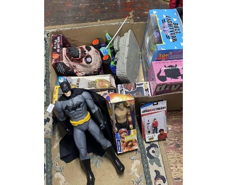 A job lot box of toys including Buzz Lighter, pop figures, John Cena, Tracey island, Batman, Disney etc, shipping unavailable