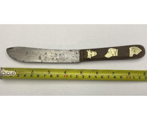 A circa 1850 William Wilkinson Ltd butchers knife with Wilkinson trademark to blade and unusual handle with inlaid brass anim