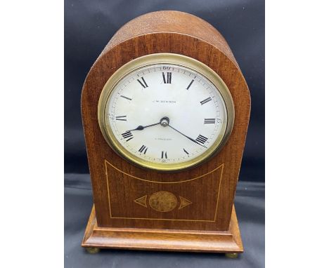 An Edwardian J W Benson wooden cased mantle clock with boxwood inlay, working
