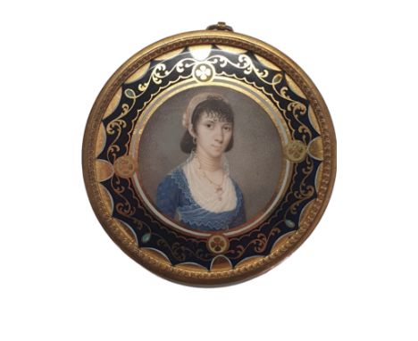 A Peter Mayr (German, 1758-1836) Georgian miniature portrait of a young lady, to reverse reads 'Christies 10/6/08 lot 65' in 