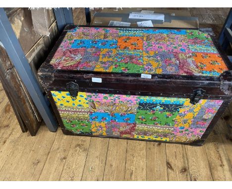 A large vintage storage trunk with applied silk patch decoration 78x42x46cm, shipping unavailable