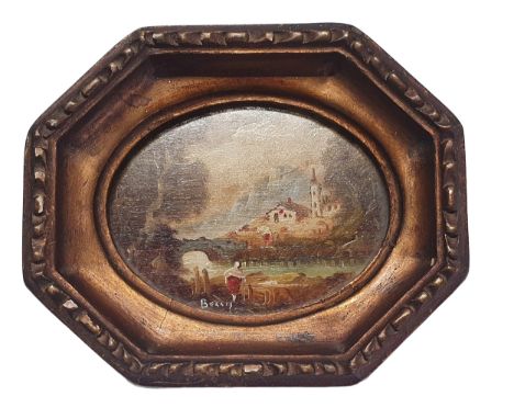 A gilt framed miniature landscape portrait signed Bellis overall dimensions 12.5x10cm