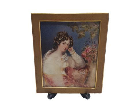 A larger Georgian painted miniature portrait of a lady in a brass frame, to reverse Miss Walker',overall dimensions 15.5x12.5