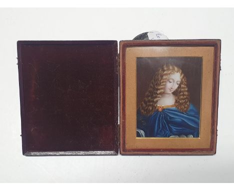 A Renaissance neo-classical style enamel miniature portrait in fitted case with hand blown glass overall dimensions 13x11cm