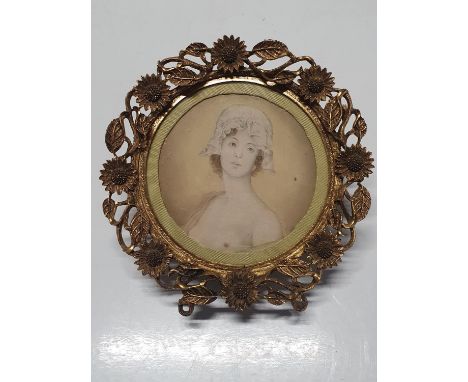 A Victorian framed hand painted miniature depicting portrait of a semi-nude lady in brass frame signed Albrecht overall dimen
