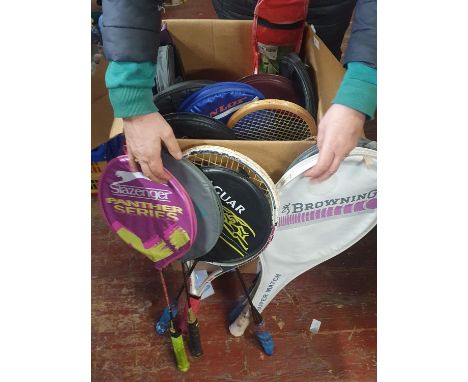 Two boxes of assorted vintage sporting equipment, shipping unavailable