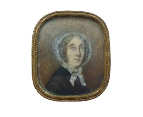 A Victorian brass framed hand painted miniature portrait of a older lady overall dimensions  8x6.5cm