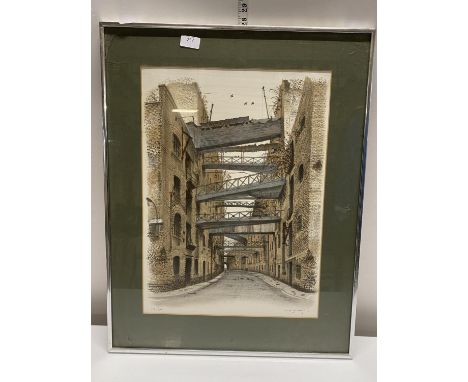 A framed limited edition lithograph by David Gentleman 'Empty Warehouse's Shad Thames' dated 1985, shipping unavailable
