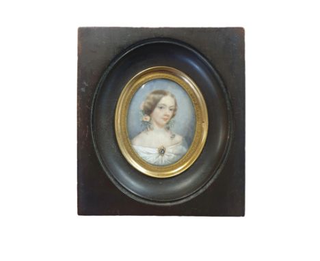 A 19th century hand painted miniature portrait of a young lady with lock of hair attached to reverse 12x11cm