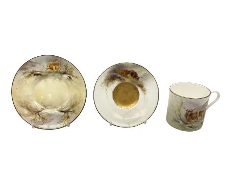 20th century cabinet coffee can and saucer, painted with cattle in a highland landscape by Worcester artist Terence Nutt, sig