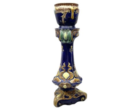 Art Nouveau style majolica jardiniere and stand, H94cm