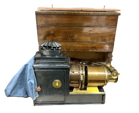 19th Century brass and tin magic lantern, with wooden carry case H36cm, L45cm