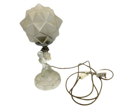 Art Deco 1930's frosted glass lamp in the form of a kneeling lady with globular glass shade, H40cm