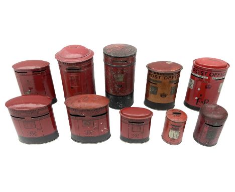 Collection of tin plate money boxes in the form of Royal Mail post boxes, to include four Chad Valley examples, one with key 