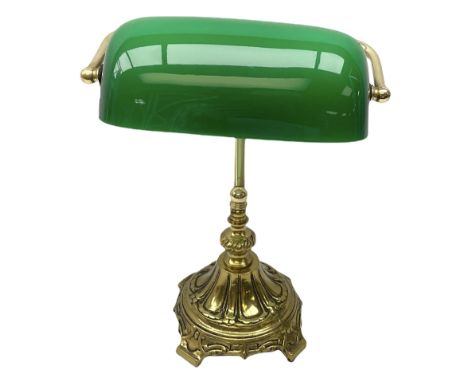 Brass bankers lamp with green glass shade on ornate base, H35cm