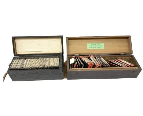 Collection of magic lantern slides, in two wooden boxes, approximately 46 slides of Norway and approximately 35 microscopic s