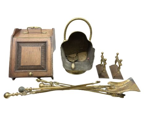 Carved oak coal scuttle, together with a brass coal scuttle with a twisted handle, fire tools and fire dogs