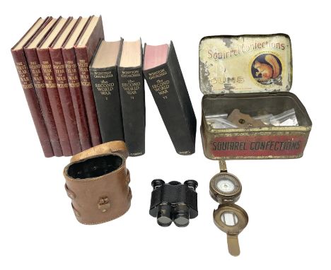 Aitchinson of London binoculars in leather case, various military buttons, brass compass, World War II books comprising six v
