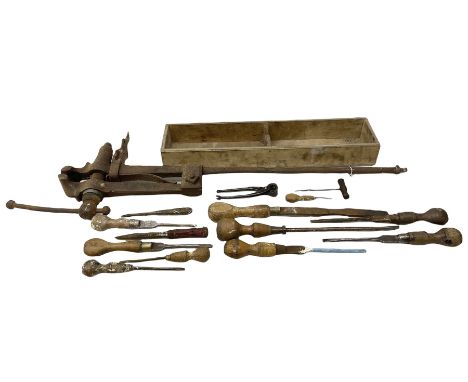 Blacksmith tools to include leg vice, L100cm, and a quantity other blacksmith tools housed in wooden box