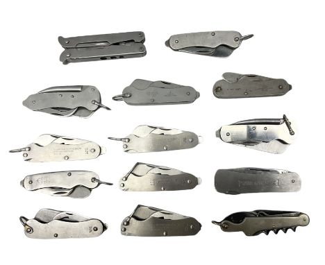 Fourteen pocket knives and multi tools including various examples by G. Ibberson Sheffield Ltd, Sandvik single blade knife et