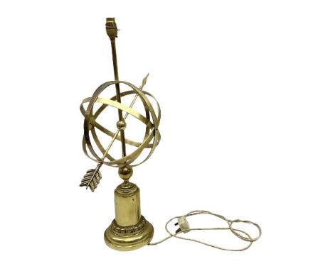 Armillary table lamp with an arrow piercing the central orb, on a pedestal base, H66cm